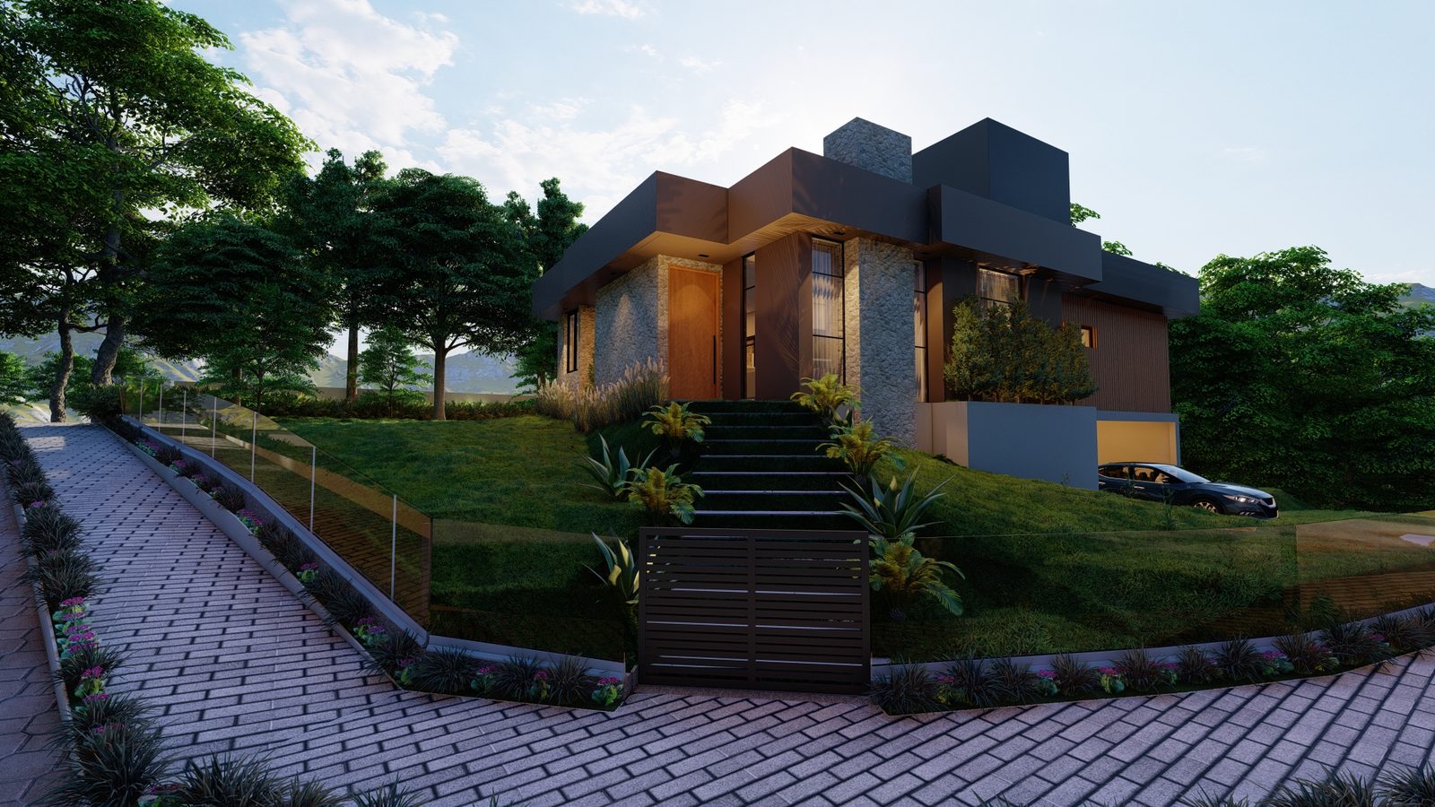 Casa com volume em pedra aparente e iluminação noturna