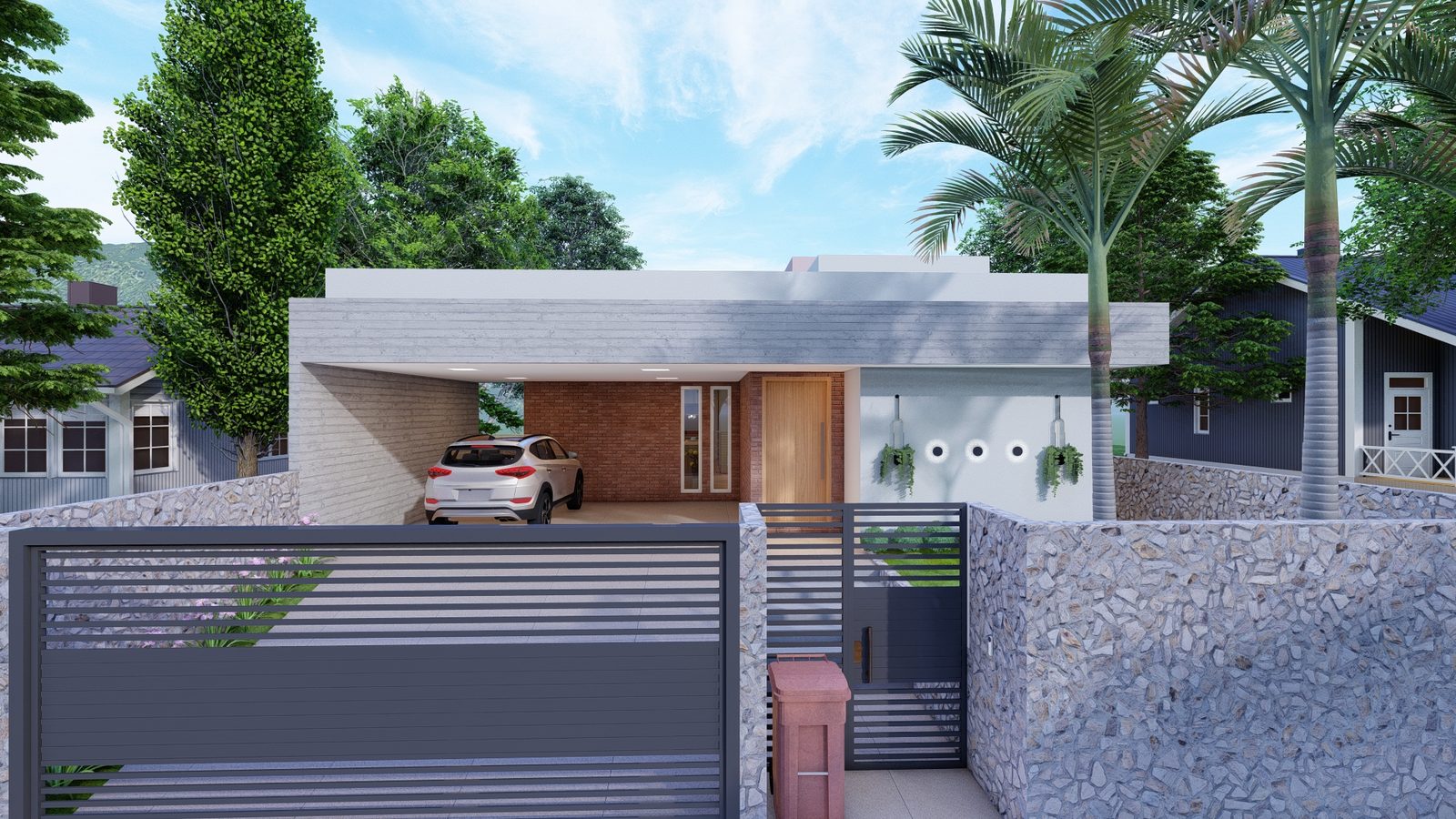 Residência com tijolo aparente e porta de madeira