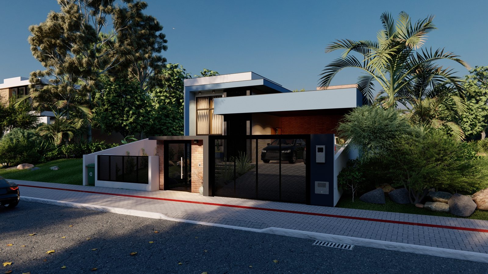 Residência urbana contemporânea com volumes escuros e base em tijolo
